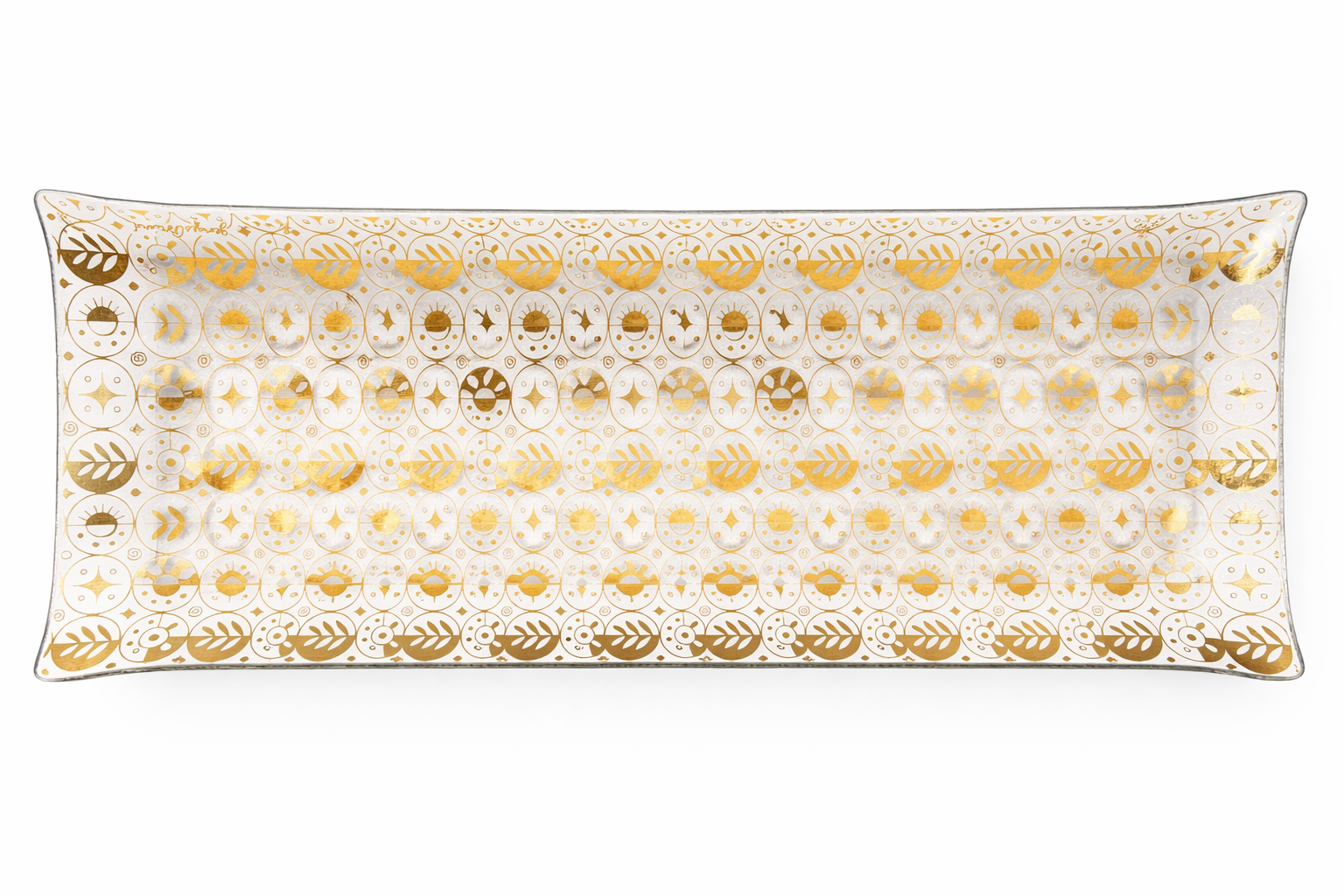 Vintage Georges Briard long rectangular serving tray with 22K gold atomic medallion pattern
