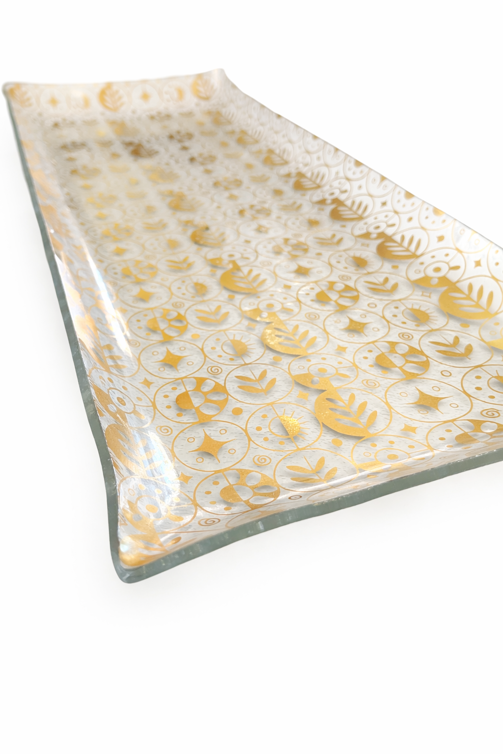 Vintage Georges Briard rectangular platter with gold atomic repeating pattern