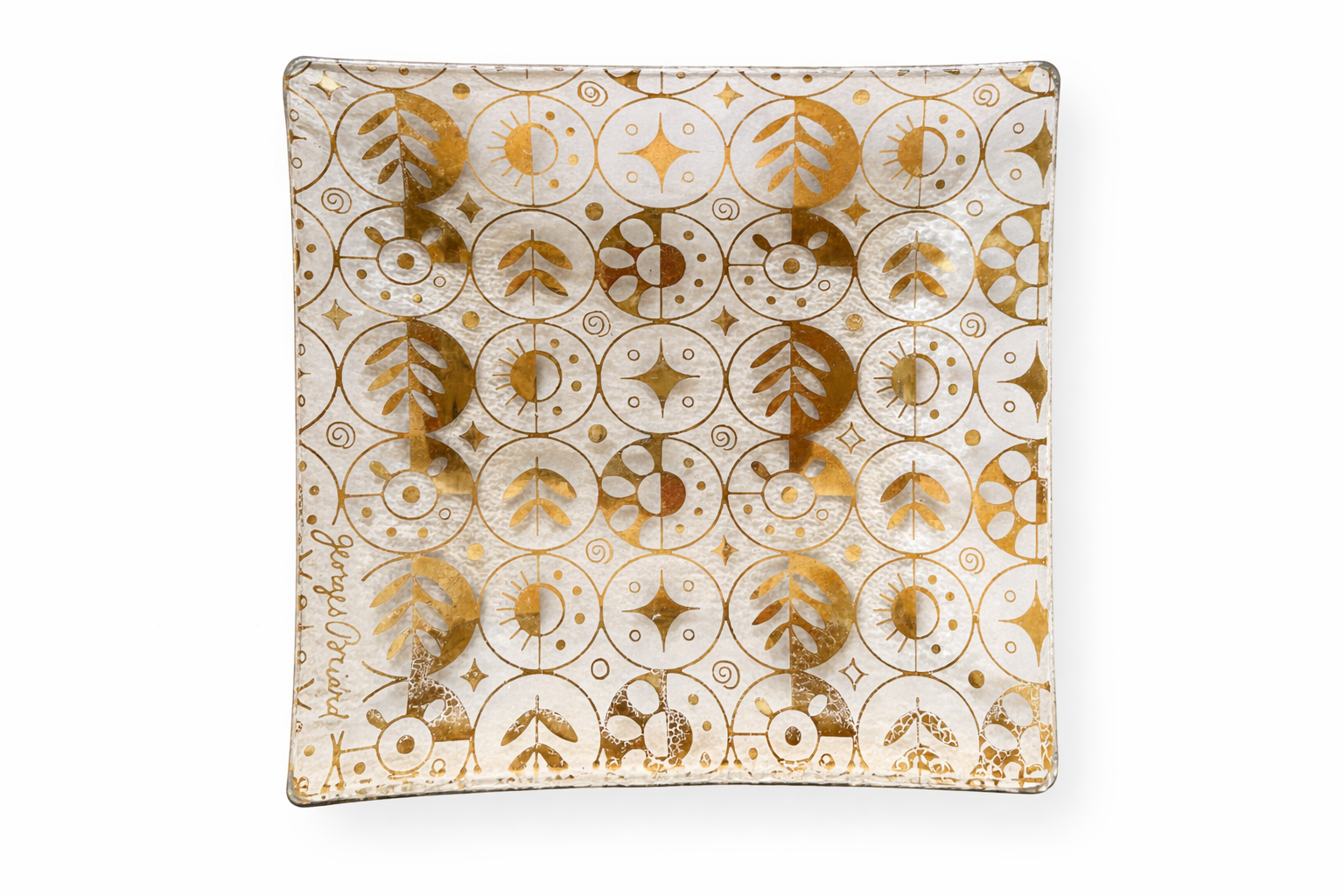 Vintage Georges Briard square dish with 22K gold atomic mid-century pattern