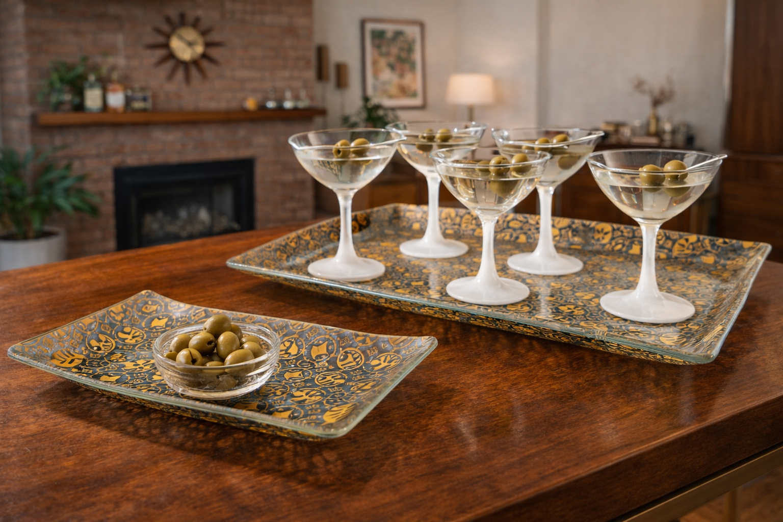 Vintage gold patterned glass serving trays displayed on a warm wood midcentury modern bar counter, styled with martini glasses and a bowl of green olives.