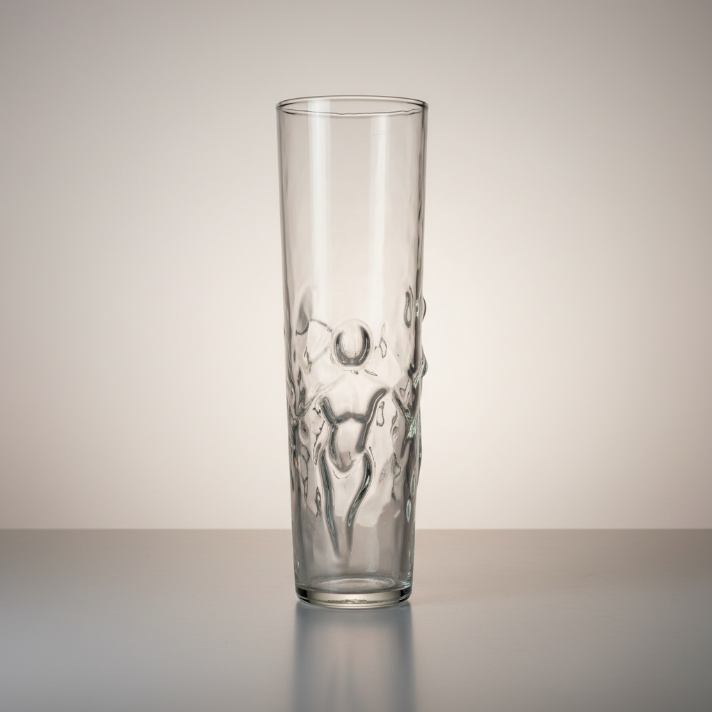 Close view of vintage Libbey La Femme clear highball glass with iconic female figure relief design.