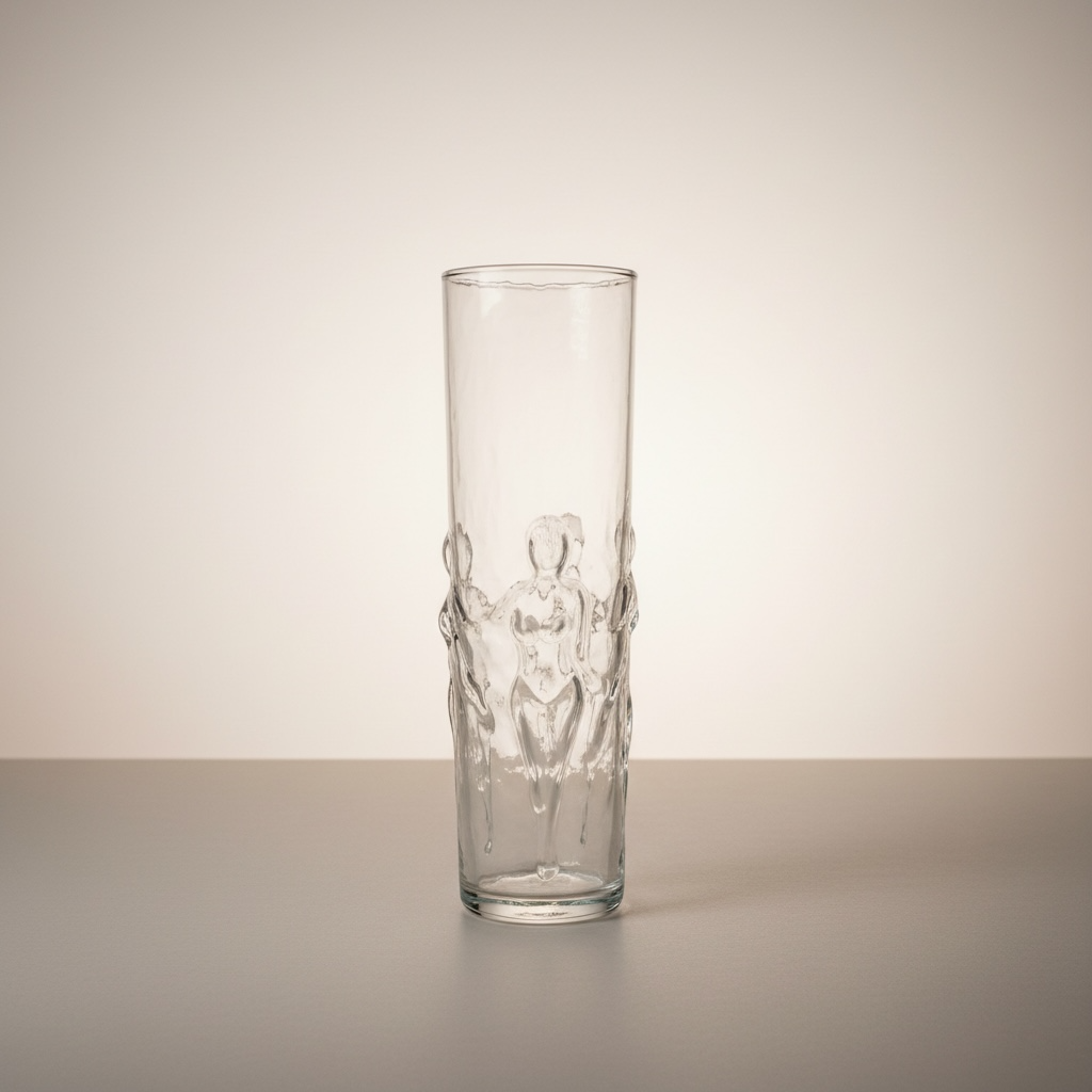 Vintage Libbey La Femme highball glass shown from side angle with embossed female figure detail.