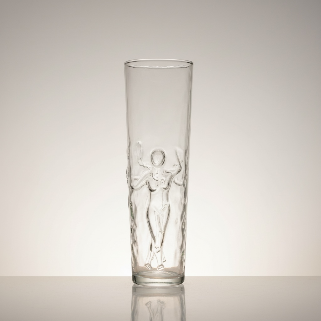 Single vintage Libbey La Femme highball glass with sculpted female figure motif in clear textured glass.
