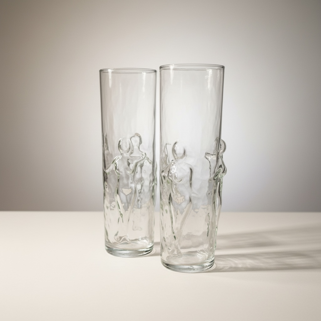 Pair of vintage Libbey La Femme highball glasses featuring raised female figure design in clear glass.