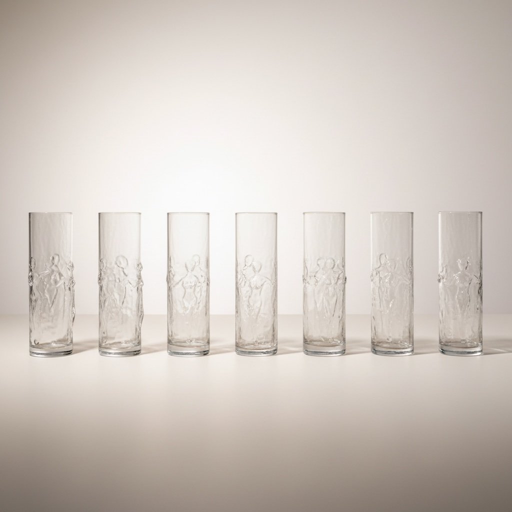 Set of seven vintage Libbey La Femme highball glasses in clear glass with raised female figure pattern.