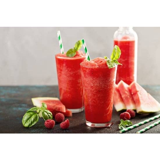 Examples of finishe watermelon slushies in tall glasses garnished with fresh watermelon and mint