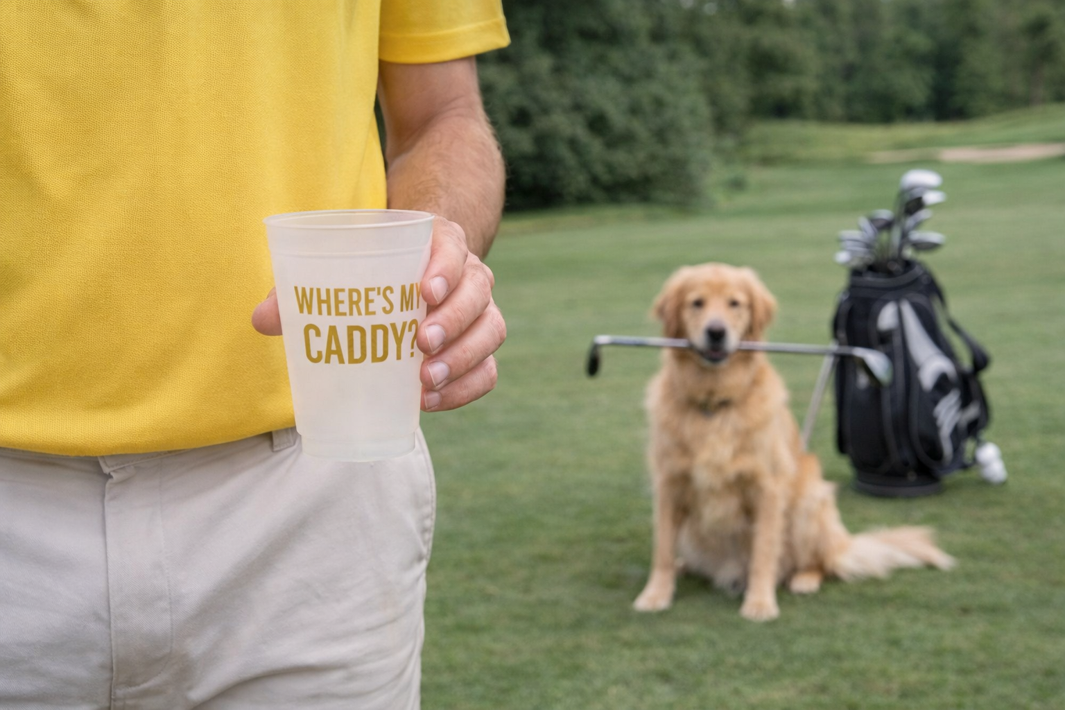 Golfer holding Where’s My Caddy frost cup on golf course with golden retriever carrying golf club beside golf bag.