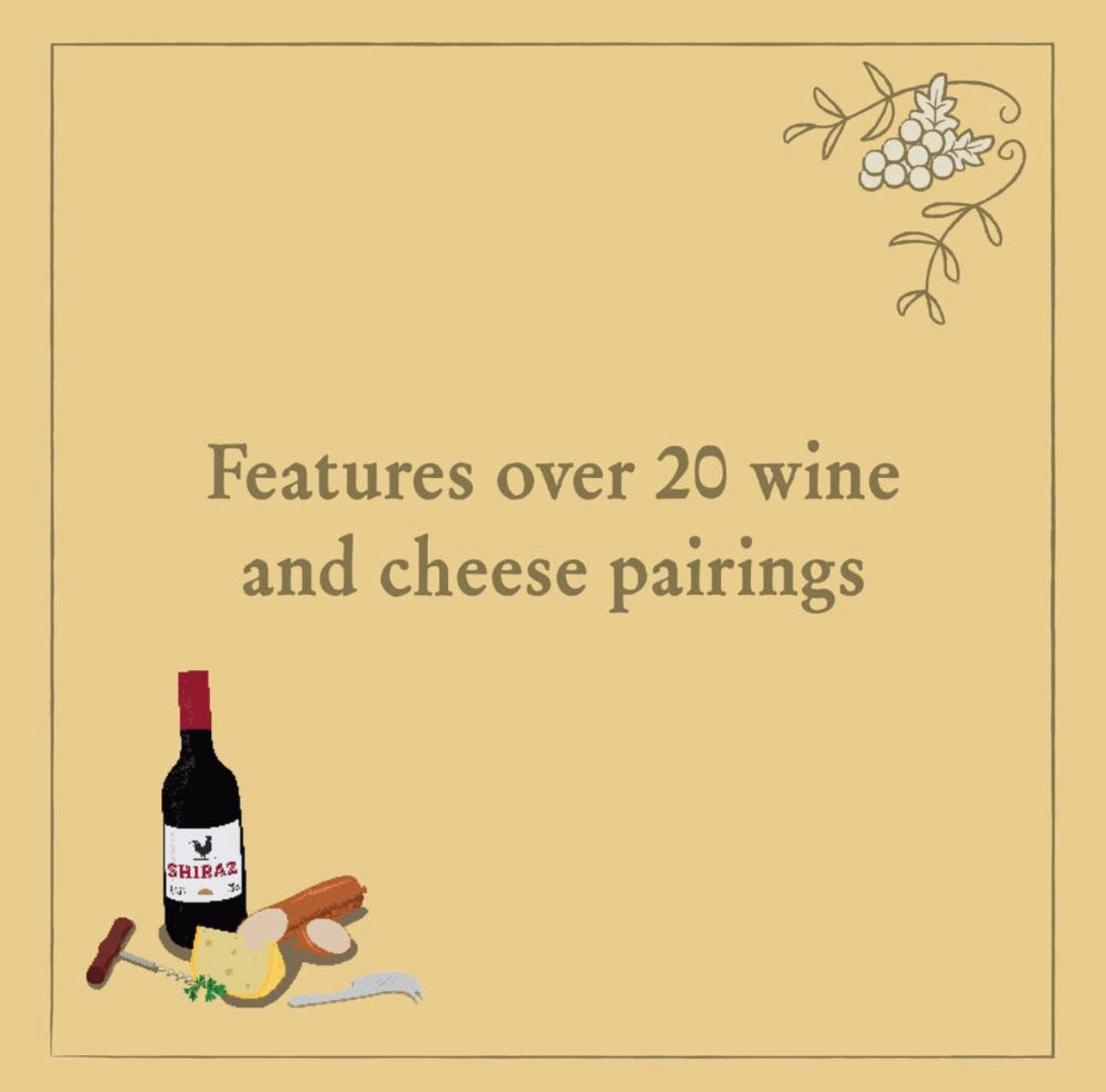 Illustrated wine bottle and cheese board highlighting over 20 wine and cheese pairings, part of a wine and cheese themed jigsaw puzzle gift for cocktail lovers.
