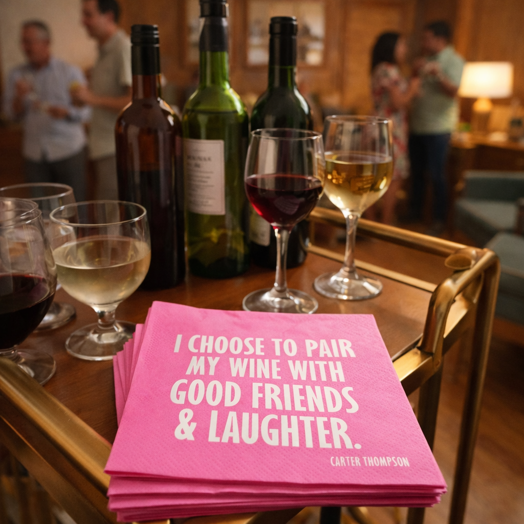 Stack of pink cocktail napkins reading “I Choose to Pair My Wine with Good Friends and Laughter” on a mid-century modern bar cart with wine bottles and glasses during a cocktail party.
