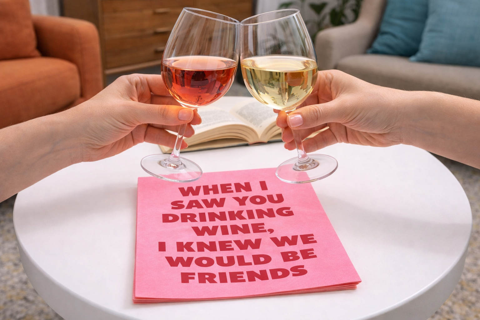 Two wine glasses toasting above pink funny cocktail napkin with wine friendship quote on white table