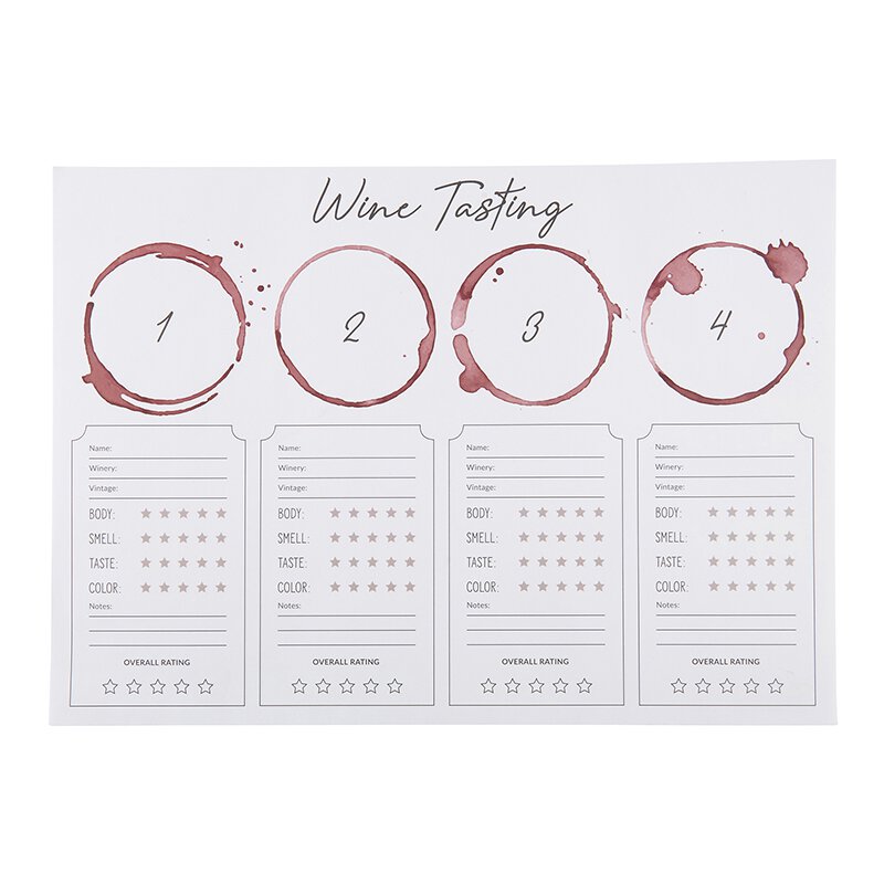 14' x 10" paper wine tasting placemat with four different tasting options and places to take notes under each sample