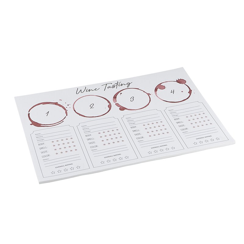 14' x 10" paper wine tasting placemat with four different tasting options and places to take notes under each sample comes in a pack of 24 sheets