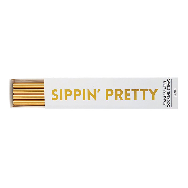 set of four stainless steel gold straws in a white decorative box with the words "sippin' pretty"