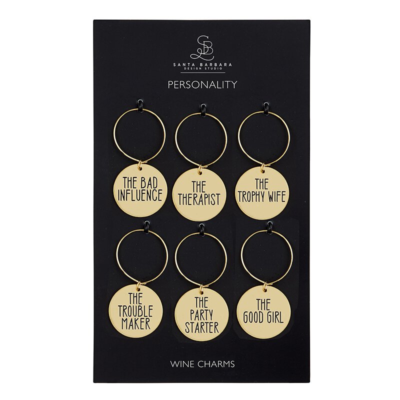 1" round metallic gold wine charms,  each charm describes a different personality of someone at the party in a set of 6