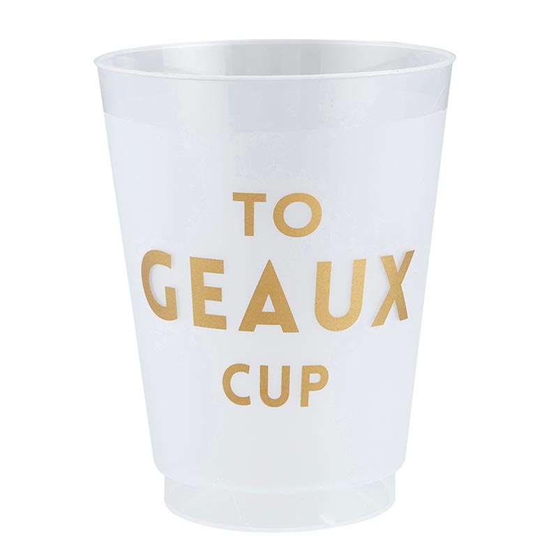 16 oz white plastic frost cup with bold writing in gold that says "to geaux cup"