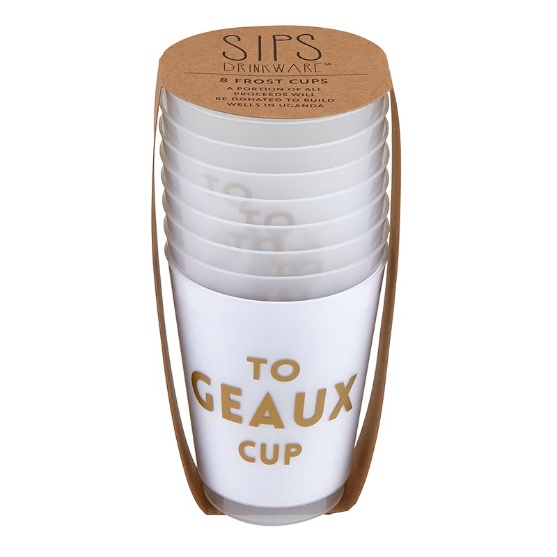 16 oz white plastic frost cup with bold writing in gold that says "to geaux cup" comes in a set of 8