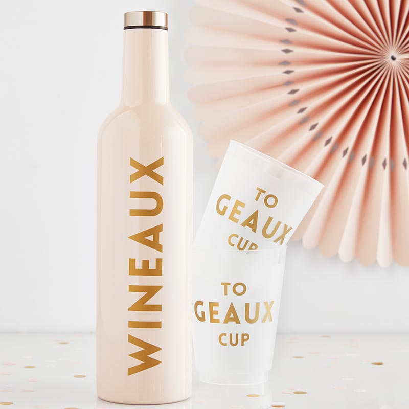 16 oz white plastic frost cup with bold writing in gold that says "to geaux cup" displayed with the complementing stainless steel wine bottle that says "wineaux"