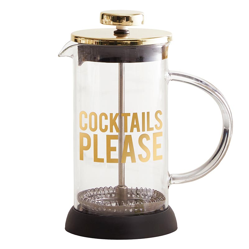 clear cocktail press featuring a gold lid and gold letters that say "cocktails please"