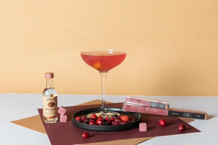 instant cocktail cubes displayed with a cocktail in a martini glass and a small bottle of vodka surrounded by cranberries