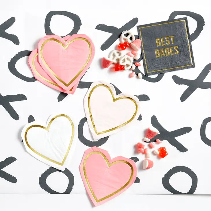 5" x 5" square black paper napkin with a gold foil square border and the words "best babes" in gold foil in the center displyed with heart shaped napkins and candies scattered on a table