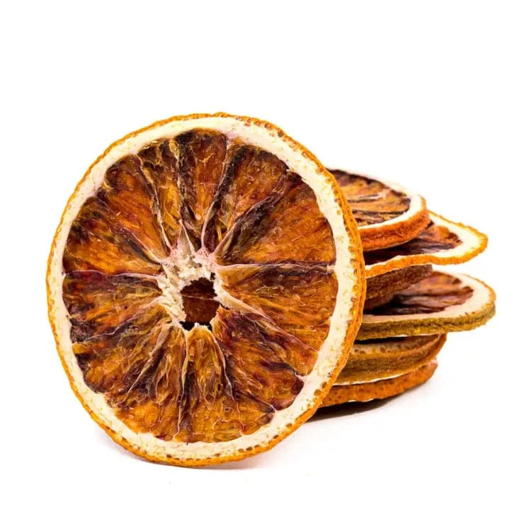 a stack of dehydrated blood oranges showing the color and texture