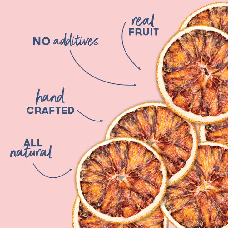 samples of dehydrated blood oranges with the description that they are real fruit, no additives, hand crafted, and all natural