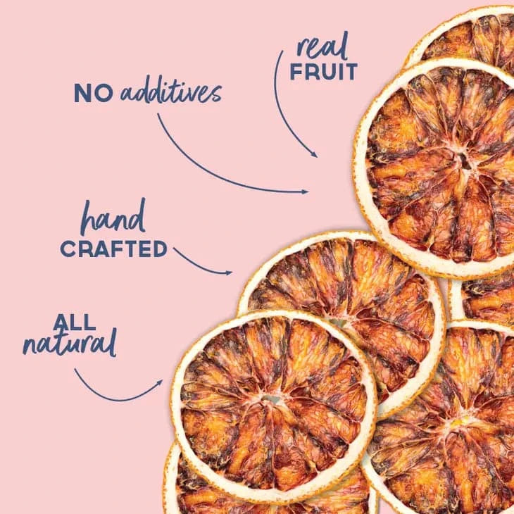 samples of dehydrated blood oranges with the description that they are real fruit, no additives, hand crafted, and all natural