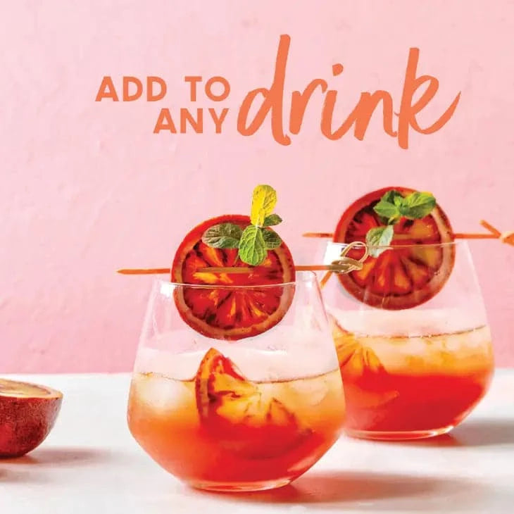 dehydrated blood oranges being used both inside a cocktail and as a garnish with the atatement that they can be added to any drink