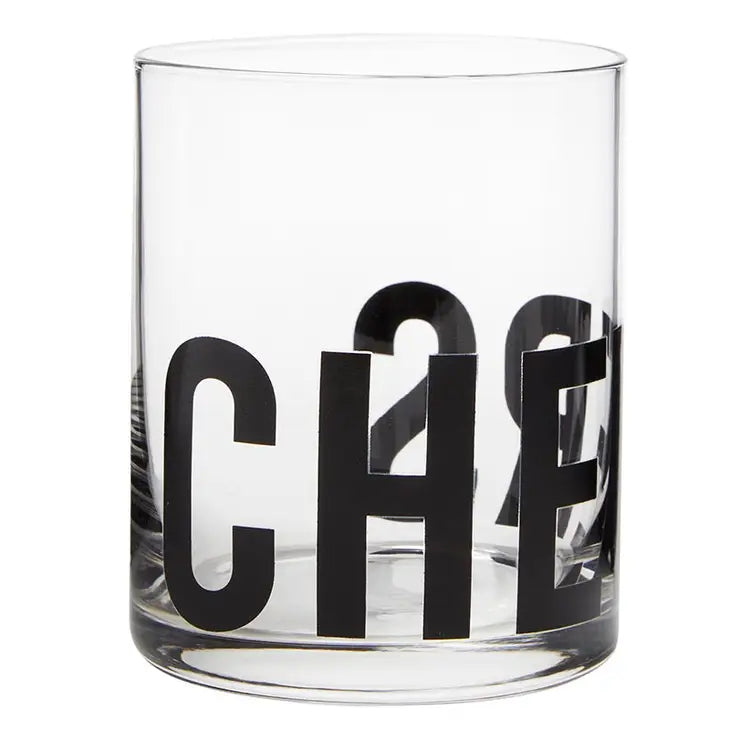 set of two double old fashioned glasses, clear with modern black font of the word "cheers" wrapped around each glass