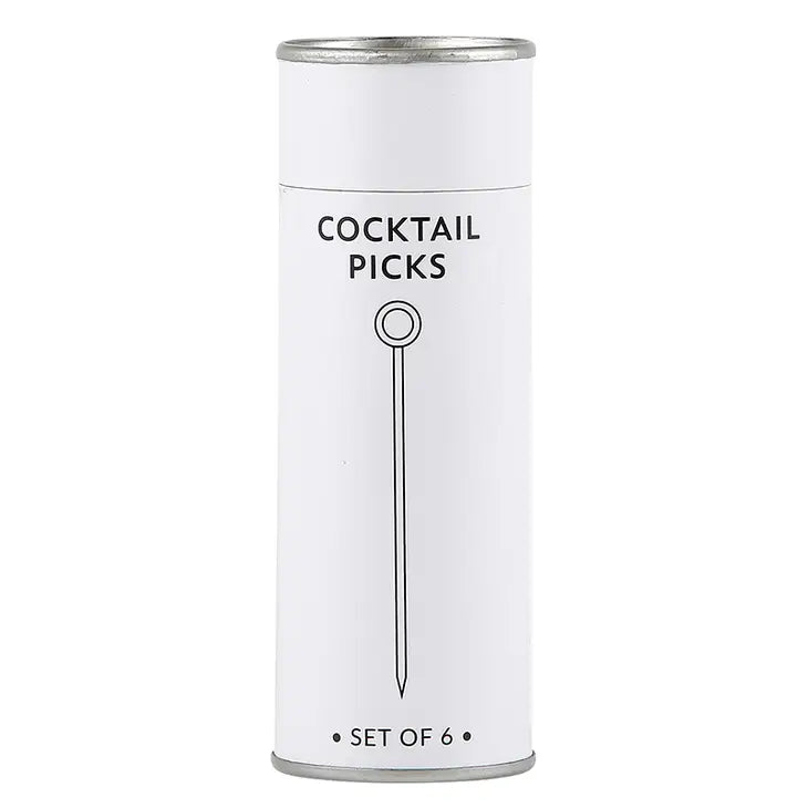 set of 6 cocktail picks come in a white tubular container for storage