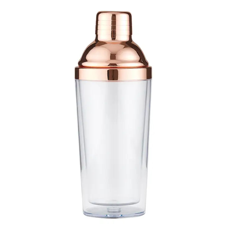 clear plastic cocktail shaker withe stainless steel top in a rose gold finish