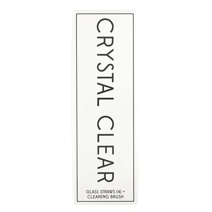 white box with black lettering that says "crystal clear" containing 4 glass straws and a cleaning brush