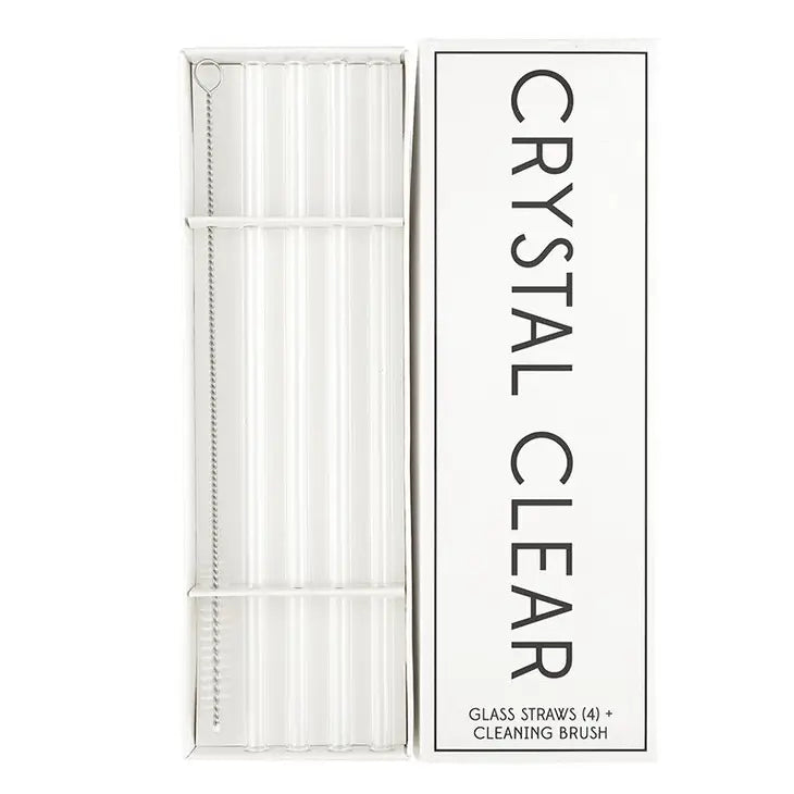 white box with black lettering that says "crystal clear" containing 4 glass straws and a cleaning brush