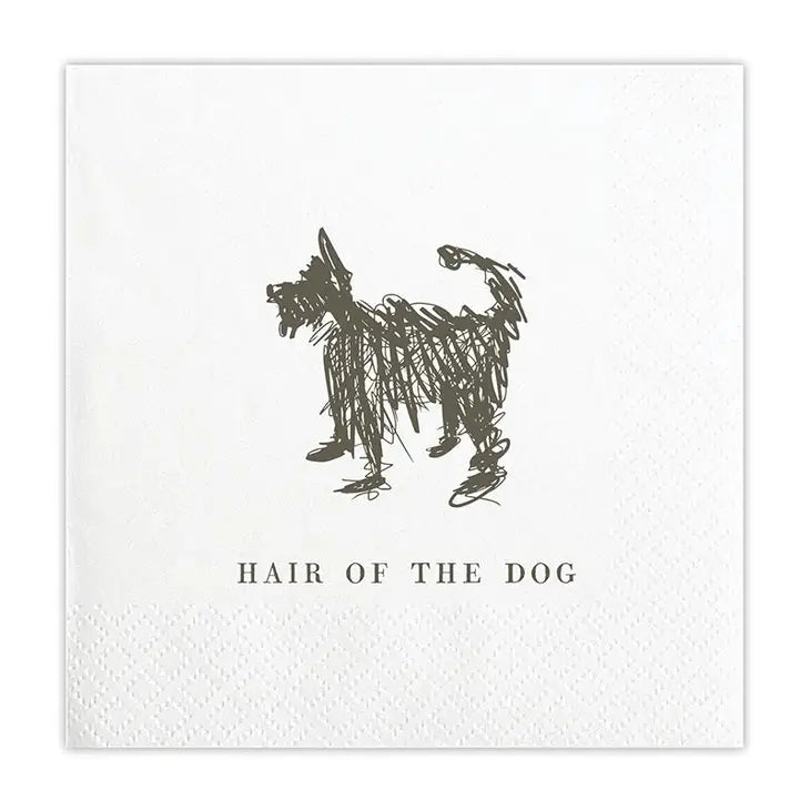 5" x 5" white square cocktail napkin featuring a modern sketch of a pup in black with the phrase "hair of the dog" printed underneath