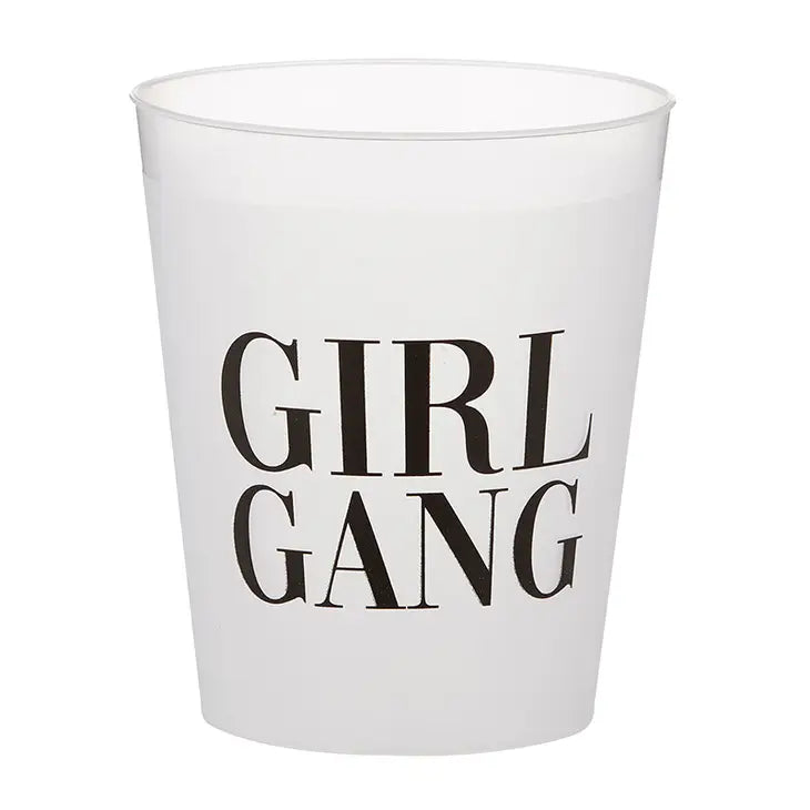 16 oz frosted plastic cup with bold, black words that say "girl gang"