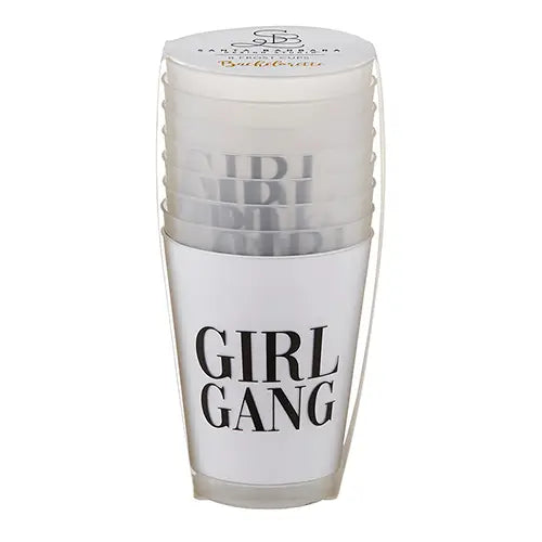 16 oz frosted plastic cup with bold, black words that say "girl gang" comes in a set of 8