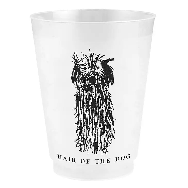 reusable plastic frosted cup featuring a modern sketch of a pup with the phrase underneath stating 'hair of the dog"