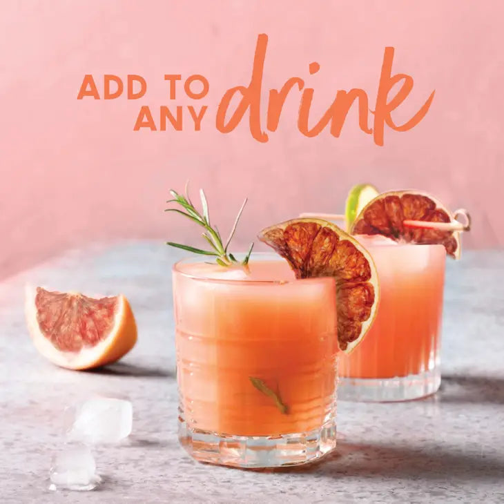 two double old fashioned glasses with cocktails garnished with dehydrated grapefruit slices with the statement that they can "add to any drink"