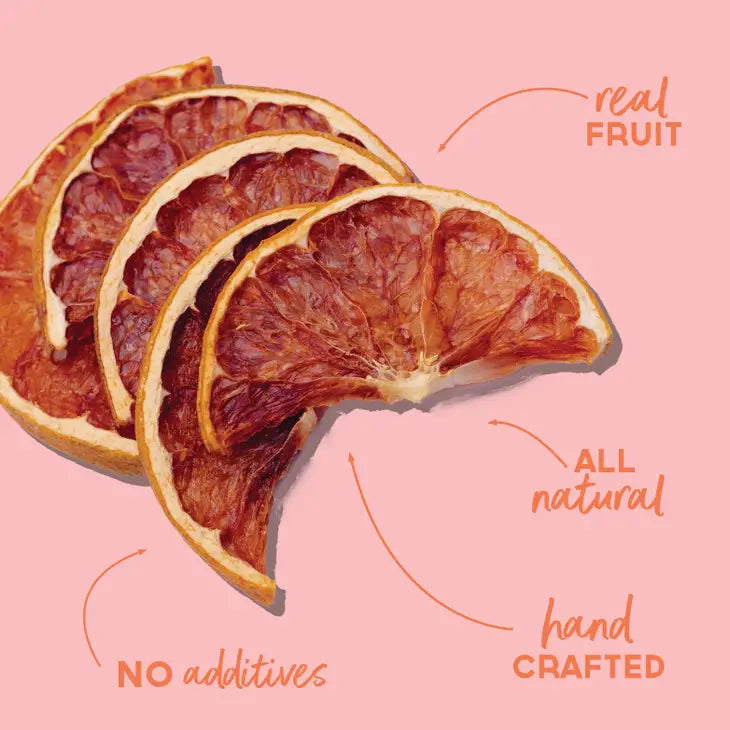 slices of dehydrated grapefruit with words describing they are real fruit, all natural, handcrafted, and no additives