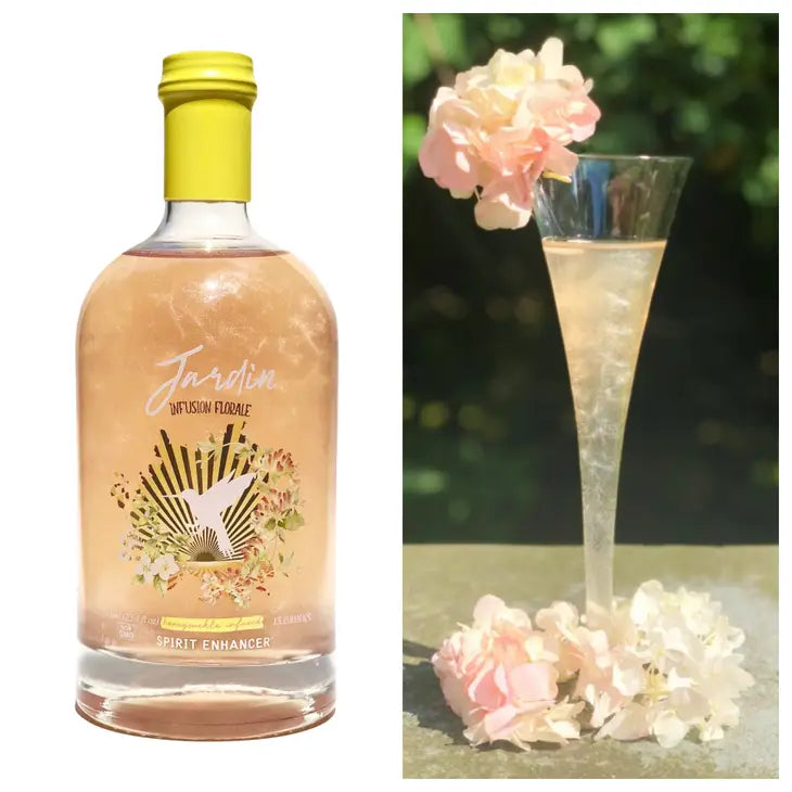 side by side pictures of bottle of Jardin Premium Honeysuckle mixer and a cocktail  in a champagne glass displaying a soft golden color with a shimmer