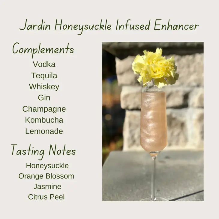 picture of a Jardin honeysuckle cocktail with information stating that it complements vodka, tequila, whiskey, gin, champagne, kombucha, and lemonade. Additionall the mix has tasting notes of honeysuckle, orange blossom, jasmine, and citrus peel