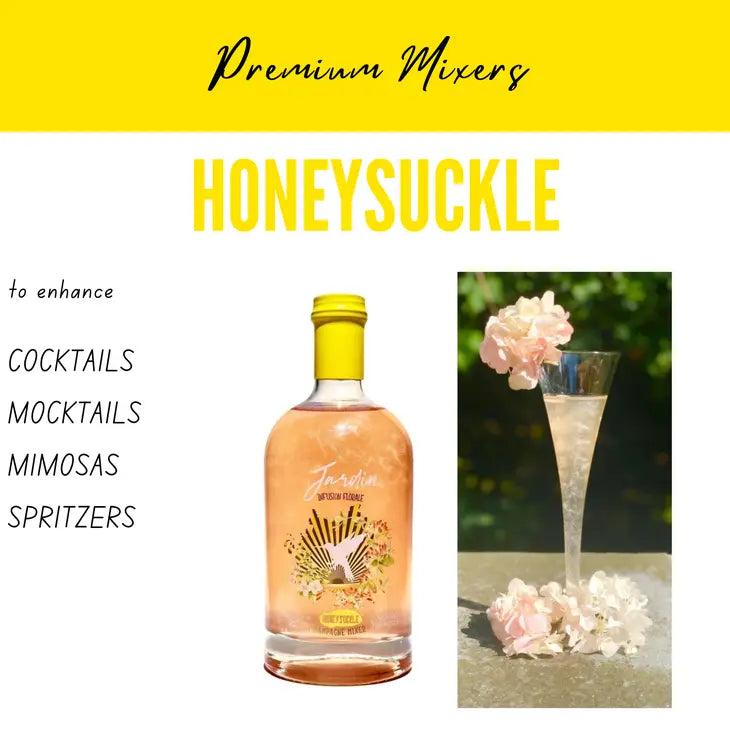 image stating that the bottle of Jardin Premium Honeysuckle mixer can be used to enhance cocktails, maocktails, mimosas, and spritzers