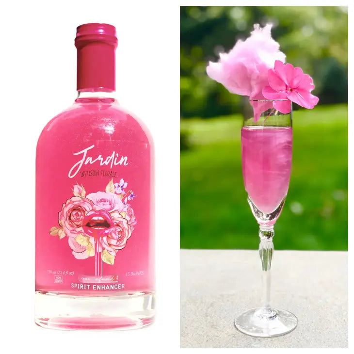 rose flavored mix turns drink pink with a glitter effect 