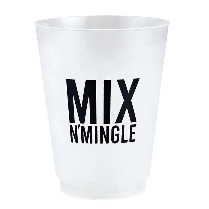 white plastic frost cup with the words "mix n' mingle" printed boldly in black