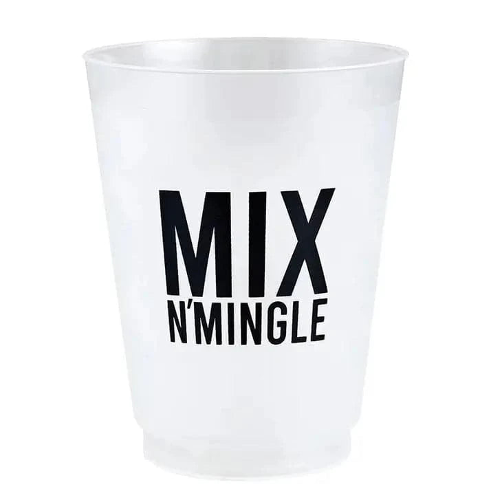 white plastic frost cup with the words "mix n' mingle" printed boldly in black