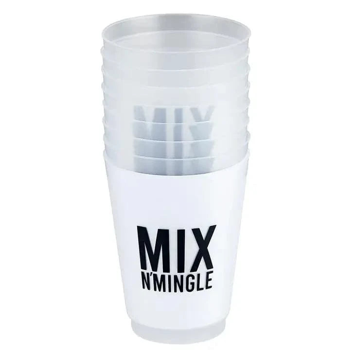 set of 8 white plastic frost cup with the words "mix n' mingle" printed boldly in black