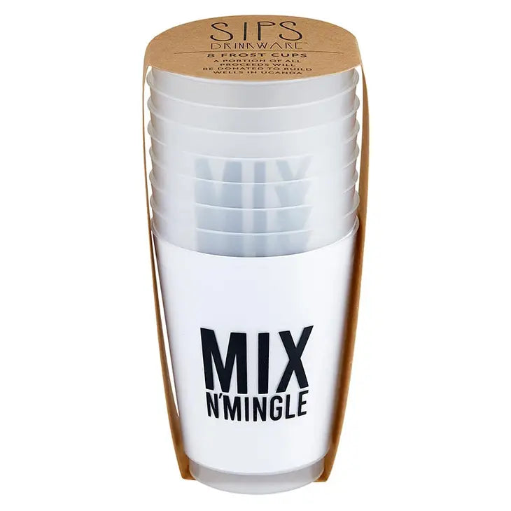 set of 8 white plastic frost cup with the words "mix n' mingle" printed boldly in black