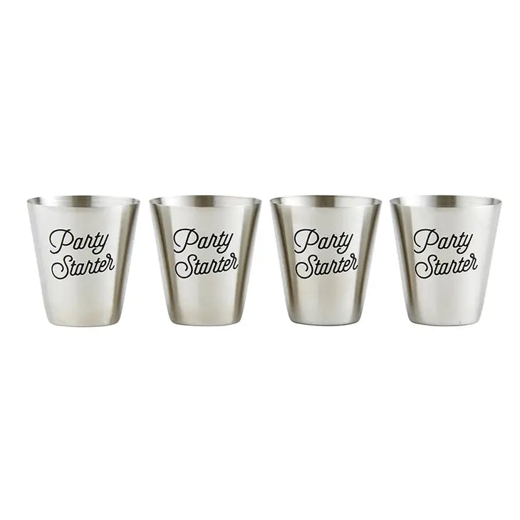 set of four stainless steel shot cups engraved with the words "party starter"