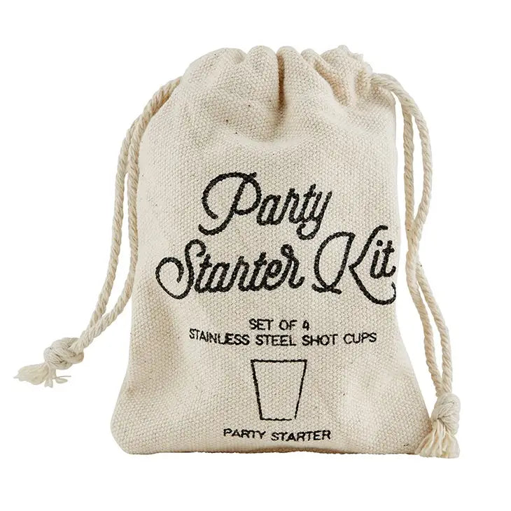set of four stainless steel shot cups engraved with the words "party starter" comes in a linen bag labeled "party starter kit"