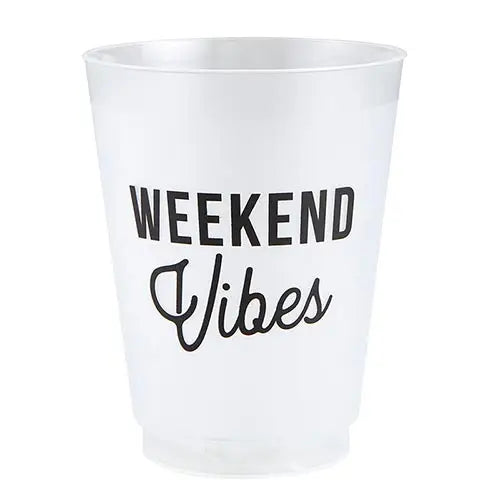 16 oz white plastic frost cup with the words "weekend vibes" printed in black